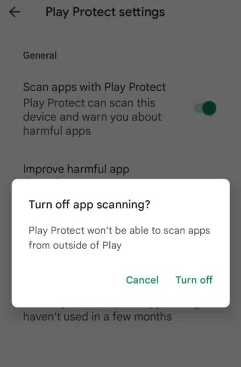 禁用 Play Protect 来下载 Spynger Android 应用程序