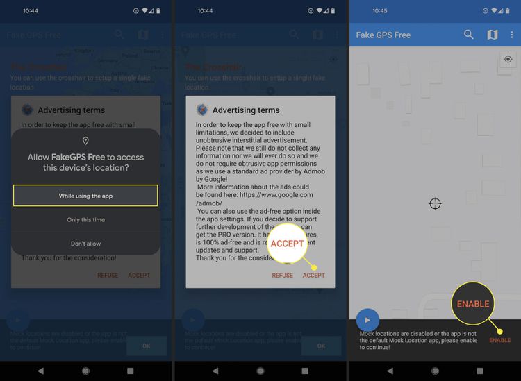 使用该应用程序时,在Fake GPS Free中突出显示“接受”和“启用”。