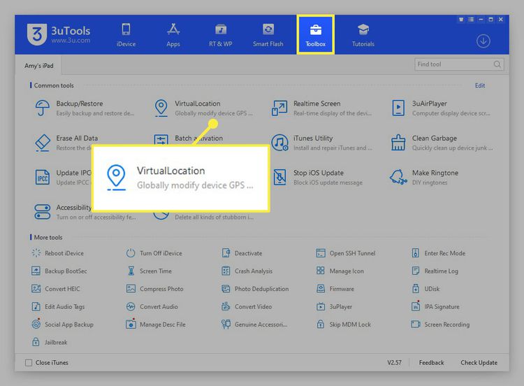 3uTools中突出显示的“工具箱”标签和“VirtualLocation”链接。