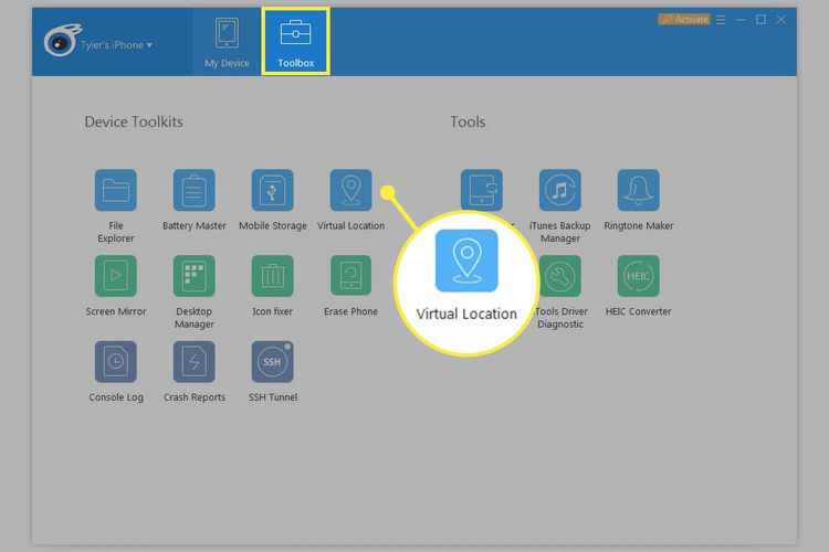在 iTools Windows 应用中高亮显示的“工具箱”标签和“虚拟位置”按钮。